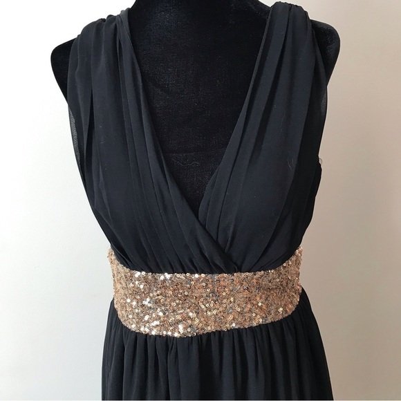 RED Clover Grecian style black backless dress with gold sequin accents. - Picture 2 of 9